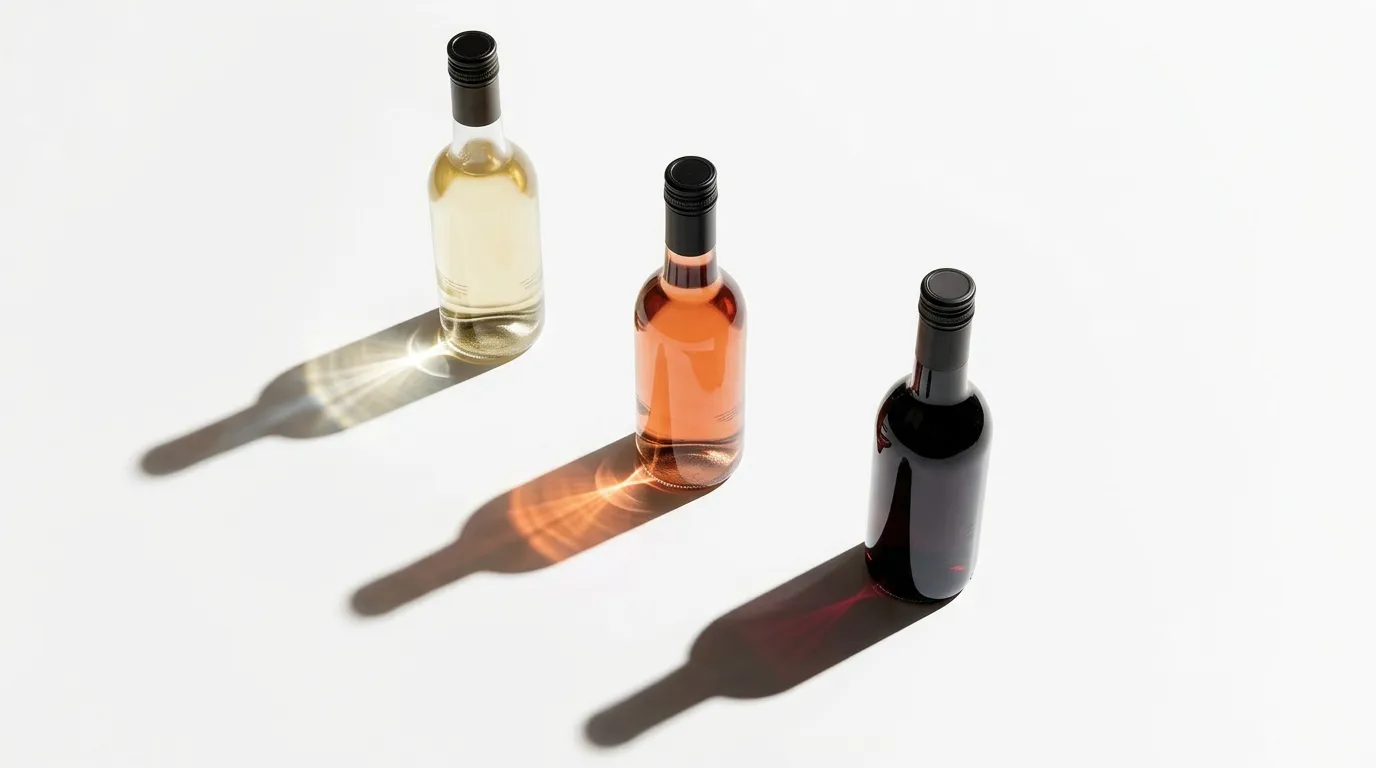 White, rosé, and red wine bottles