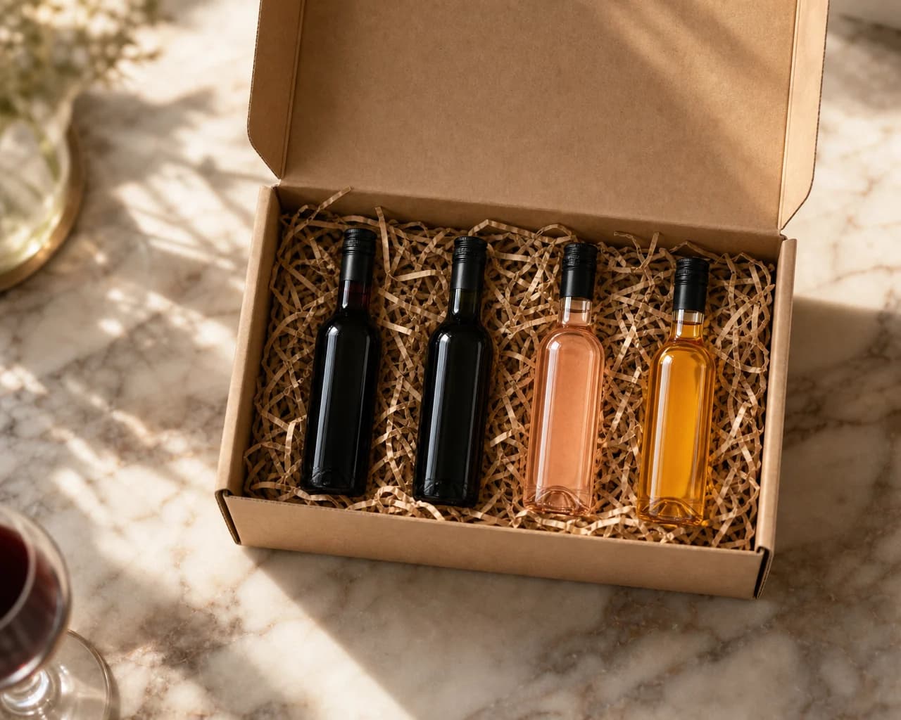 A Club Flight — four sample bottles of a winery's current shipment in a kraft box