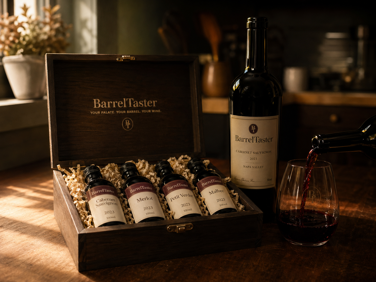 An opened BarrelTaster sample box on a kitchen counter at golden hour, four sample bottles nested in cream paper inside, a full bottle and tasting glass beside it mid-pour.