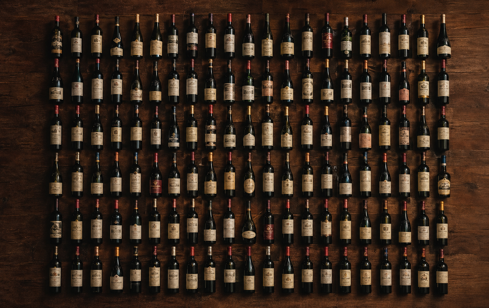 An overhead grid of 100 wine bottles arranged 10×10, each slightly different in shape, color, and label — the year's curated collection.
